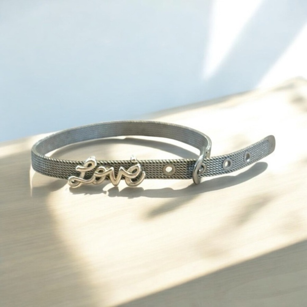 Slide Charm Love Buckle Bracelet - Silver Tone - Adjustable